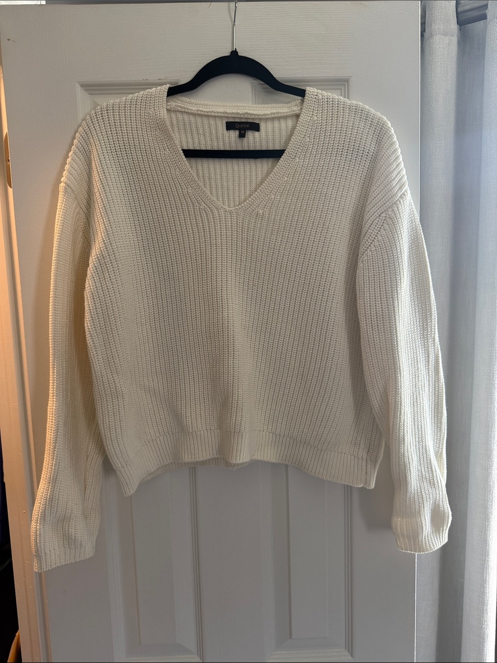 Quince Cream cotton V-Neck Chunky Knit Sweater